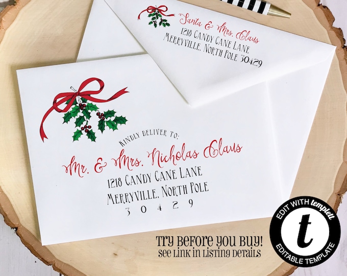 EDITABLE Christmas ENVELOPE Template, Templett, Christmas Envelope ADDRESSING,Christmas,Holly,Recipient Addressing,Envelope Addressing
