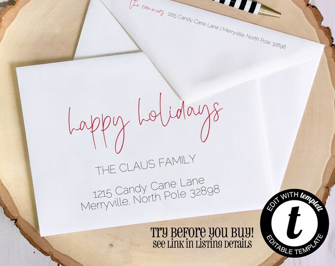 EDITABLE Christmas ENVELOPE Template, Templett, Christmas Envelope ADDRESSING, Script, Happy Holidays, Envelope Addressing, Return Address