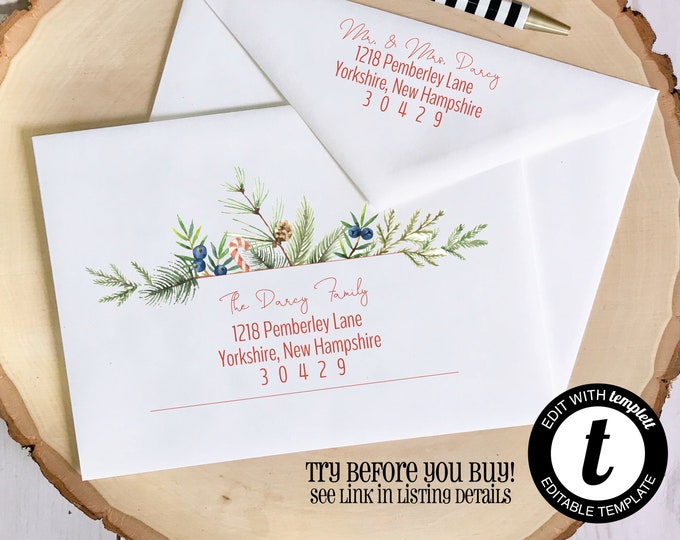 EDITABLE Christmas ENVELOPE Template,Christmas Envelope ADDRESSING,Christmas,pine,rustic,Envelope Addressing,Templett