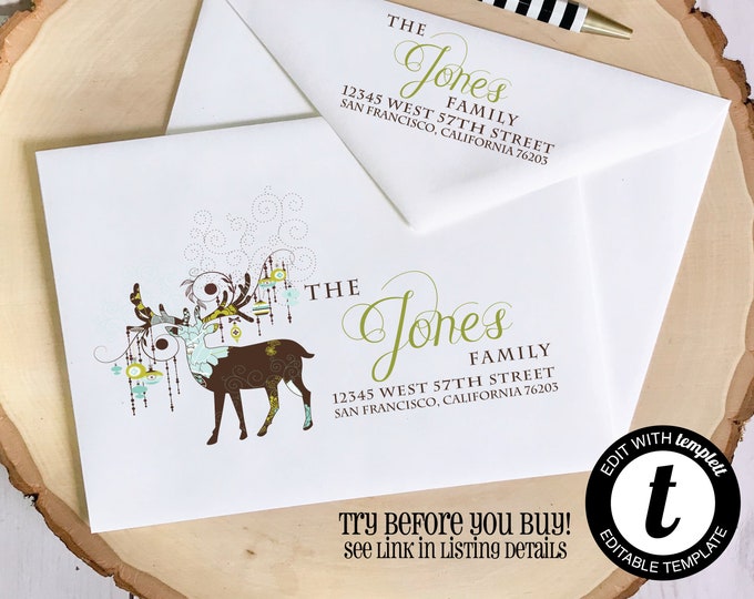 EDITABLE Christmas ENVELOPE Template, Templett, Christmas Envelope ADDRESSING, Christmas, Deer, Recipient Addressing, Envelope Addressing