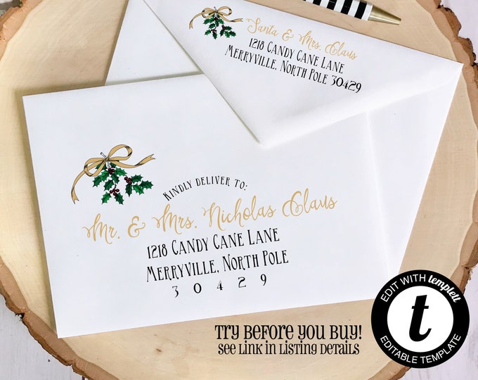 EDITABLE Christmas ENVELOPE Template, Templett, Christmas Envelope ADDRESSING,Christmas,Holly,Recipient Addressing,Envelope Addressing
