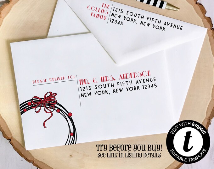 EDITABLE Christmas ENVELOPE Template,Templett,Christmas Envelope ADDRESSING,Christmas,Wreath,Envelope Addressing,Instant Download