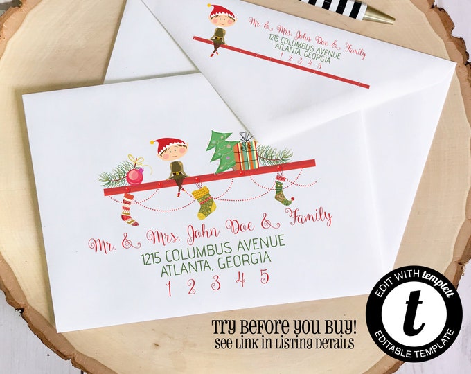 EDITABLE Christmas ENVELOPE Template, Templett, Christmas Envelope ADDRESSING, Christmas, Elf, Recipient Addressing, Envelope Addressing