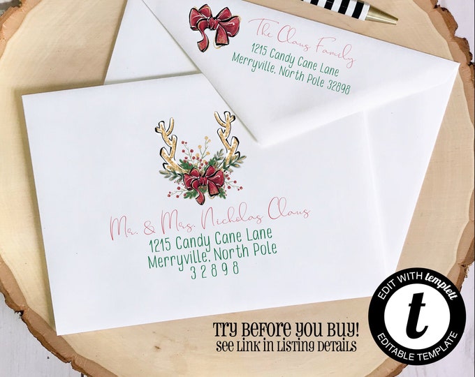 EDITABLE Christmas ENVELOPE Template, Templett, Christmas Envelope ADDRESSING, Christmas, Antlers, Recipient Addressing, Envelope Addressing