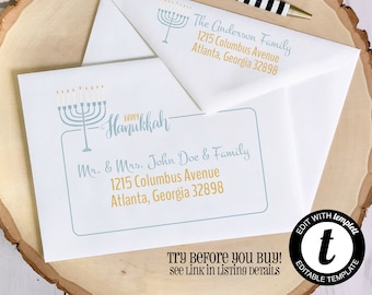 EDITABLE Hannukah ENVELOPE Template, Templett, Hanukkah Envelope ADDRESSING, Menorah, Envelope Addressing, Return Address