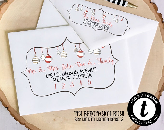 EDITABLE Christmas ENVELOPE Template, Templett, Christmas Envelope ADDRESSING, Ornaments, Whimsical, Envelope Addressing