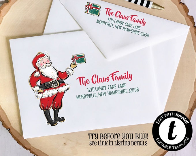 Editable Christmas Envelope Template for Templett.com | Santa's Gift