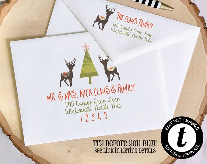 EDITABLE Christmas ENVELOPE Template, Templett, Christmas Envelope ADDRESSING, Rustic Christmas, Deer, Envelope Addressing, Return Address