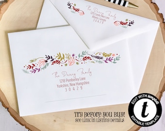 EDITABLE Christmas ENVELOPE Template, Templett, Christmas Envelope ADDRESSING, Winter Floral, rustic, Envelope Addressing