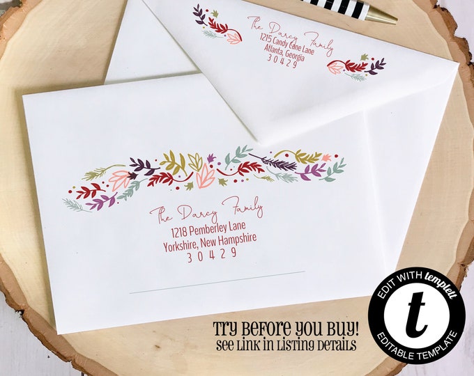 EDITABLE Christmas ENVELOPE Template, Templett, Christmas Envelope ADDRESSING, Winter Floral, rustic, Envelope Addressing