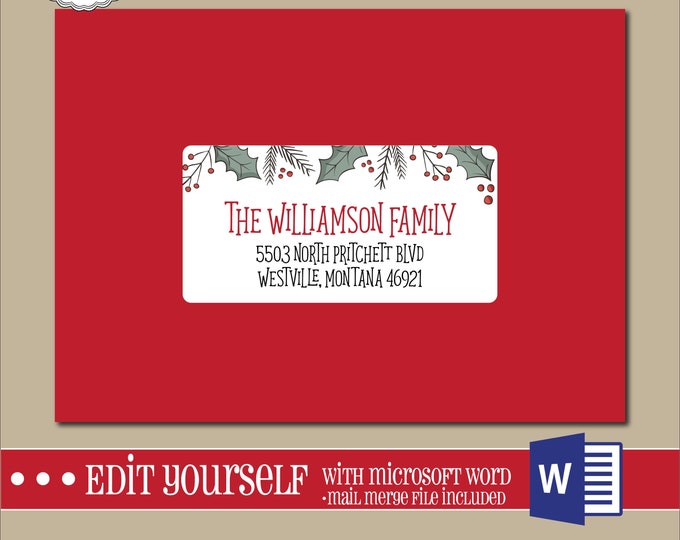 Editable Christmas 2x4 Address Label Template for Microsoft Word | With Mail Merge | Cartoon Holly