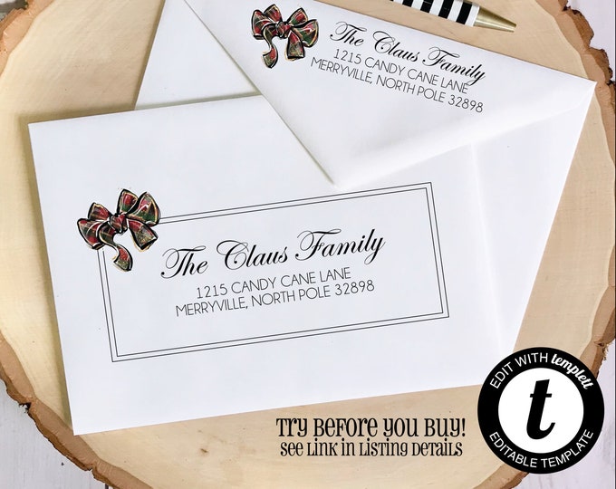 EDITABLE Christmas ENVELOPE Template, Templett, Christmas Envelope ADDRESSING, Christmas, Bow, Recipient Addressing, Envelope Addressing
