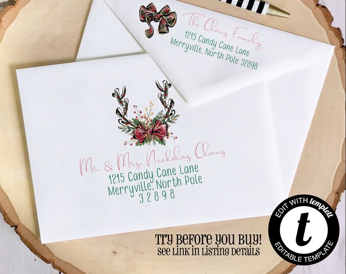 EDITABLE Christmas ENVELOPE Template, Templett, Christmas Envelope ADDRESSING, Christmas, Antlers, Recipient Addressing, Envelope Addressing