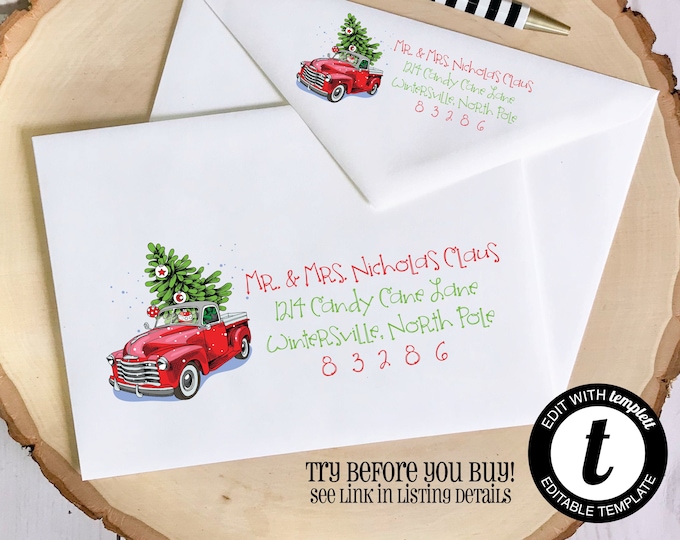 EDITABLE Christmas ENVELOPE Template, Templett, Christmas Envelope ADDRESSING,Christmas,red truck,rustic, tree,Envelope Addressing