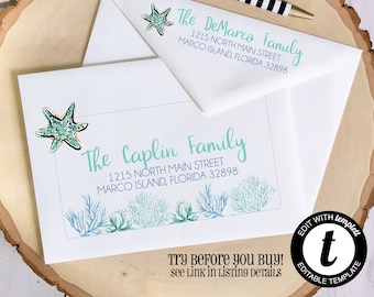 EDITABLE ENVELOPE Template | Templett | Envelope ADDRESSING | Beach | Recipient | Template | Return Address | Calligraphy | Envelope | Coral