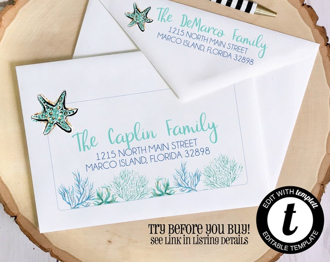 EDITABLE ENVELOPE Template | Templett | Envelope ADDRESSING | Beach | Recipient | Template | Return Address | Calligraphy | Envelope | Coral