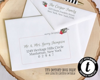 Könnte beinhalten: Ein weißer Umschlag mit einem roten und grünen Weihnachts-Rückseitenaufkleber. Der Aufkleber lautet "The Cooper Family" mit einer Adresse in New York. Der Umschlag hat einen weißen Adressaufkleber mit rotem Rand, auf dem "Mr. & Mrs. Gerry Thompson" mit einer Adresse in Manhattan, New York steht. Der Text "Try Before You Buy! See Link in Listing Details" ist unter dem Adressaufkleber gedruckt. Der Text "Edit with Templett Editable Template" ist in einem Kreis mit einem Buchstaben "t" in der Mitte gedruckt.