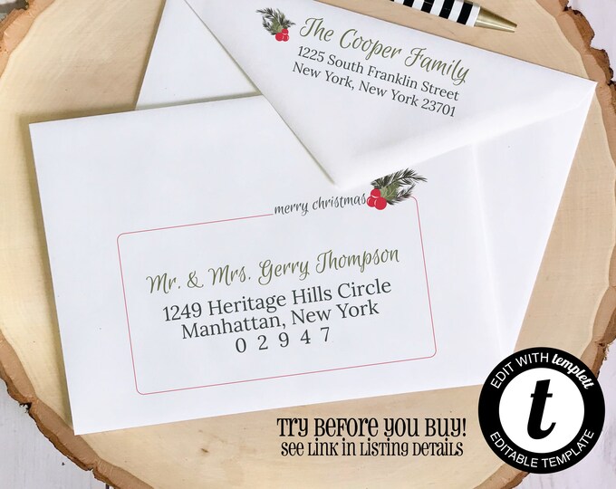 EDITABLE Christmas ENVELOPE Template, Templett, Christmas Envelope ADDRESSING, Christmas, Recipient Addressing, Envelope Addressing