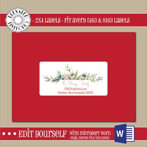 BEWERKBARE kerst ADRES LABEL sjabloon, 2x4 adreslabel, kaartadressering, Kerstmis, Word, samenvoeging, Instant Download, afdrukbaar