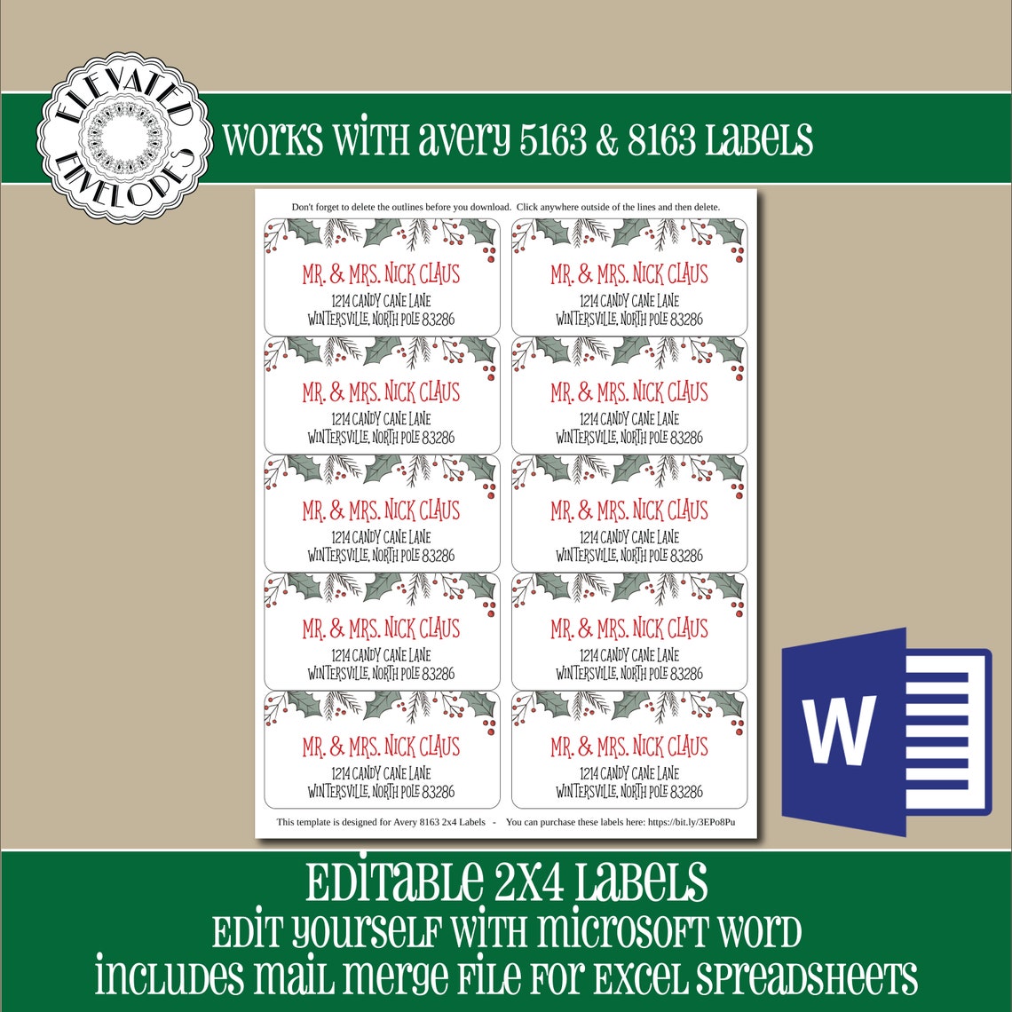 Editable Christmas Address Label Template, 2x4 Address Label ...