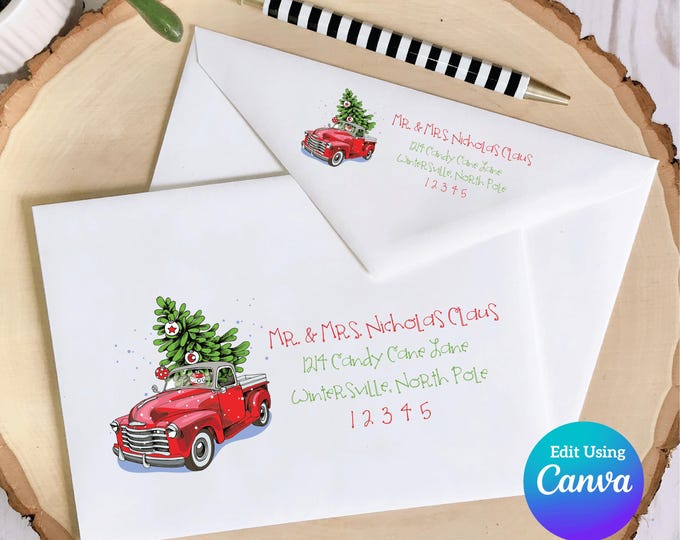 Christmas Digital Envelope Template for Canva | Rustic Red Truck
