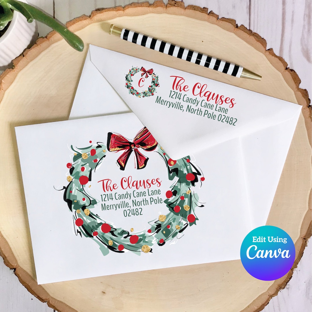 Editable Christmas Envelope Wreath Envelope Template Envelope
