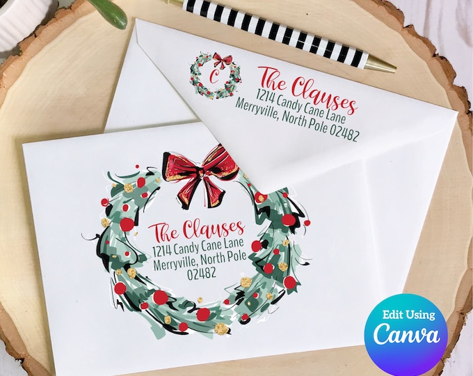 Christmas Digital Envelope Template for Canva | Christmas Wreath