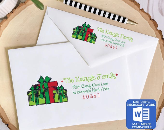 Printable Christmas Envelope Template | Christmas Gifts Design | Word Mail Merge Compatible | Recipient & Return Address | Editable in Word