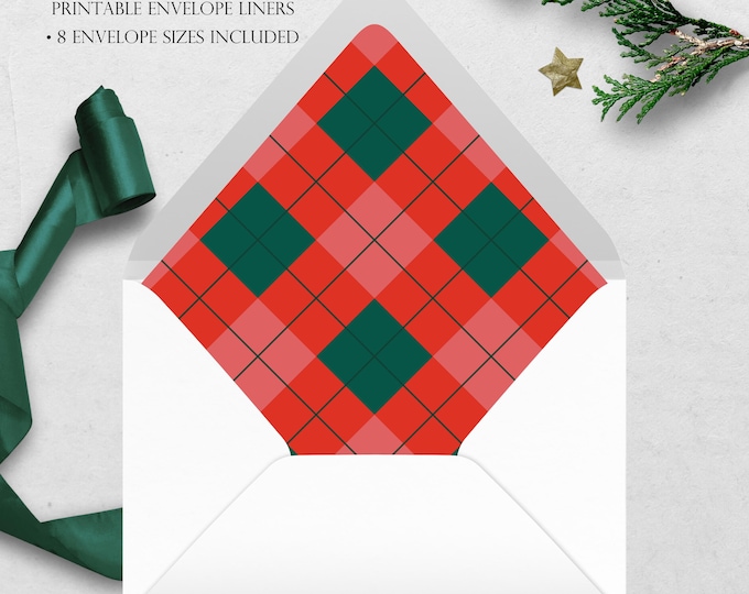 Red Green Plaid Printable Envelope Liner | 8 Envelope Sizes: A7, Euro Flap, Square Flap, 6.5 Square, A6, 5.75 Square, 4 Bar | Easy PDF File