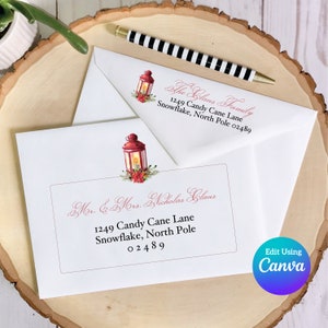 Modelo de envelope digital de Natal para Canva | Lanterna Vermelha | Tamanho A7 | Inclui modelo de endereço de retorno | Ótimo para cartões de Natal DIY
