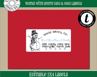 EDITABLE Christmas ADDRESS LABEL Template, Envelope Addressing, Christmas, Snowman, Recipient Addressing, 2x4,Address Labels,Editable, CH005