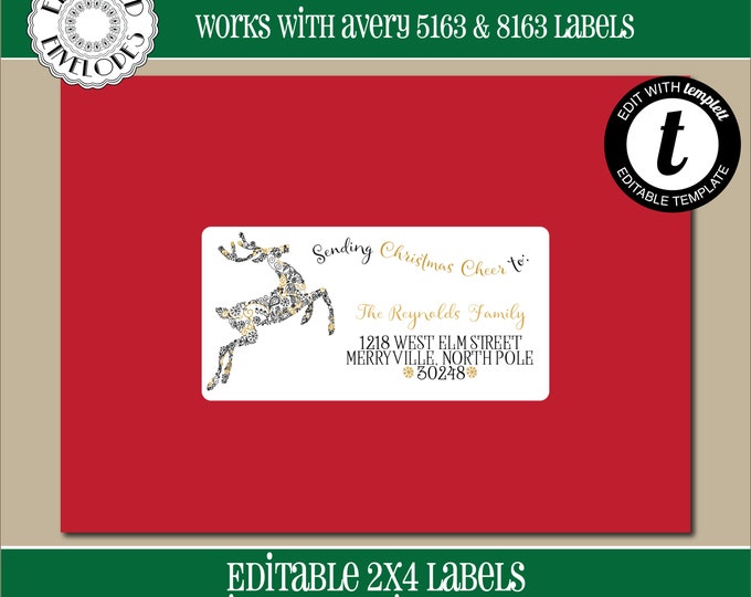 EDITABLE Christmas ADDRESS LABEL Template, Envelope Addressing, Christmas, Reindeer, Recipient Addressing,2x4,Address Labels,Editable, CH013