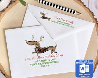 Printable Christmas Envelope Template | Dachshund Design | Word Mail Merge Compatible | Recipient & Return Address | Editable in Word