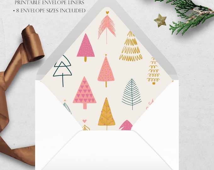 Pink Gold Trees Printable Envelope Liner | 8 Envelope Sizes: A7, Euro Flap, Square Flap, 6.5 Square, A6, 5.75 Square, 4 Bar | Easy PDF File