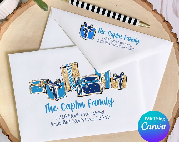 Editable Hannukah Digital Envelope Template for Canva | Blue Gifts