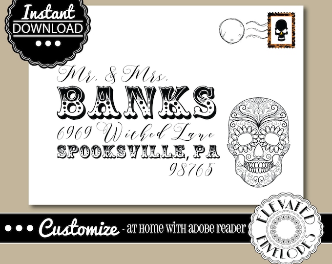 EDITABLE HALLOWEEN ENVELOPE Template,Envelope Addressing,Halloween,Sugar Skull,Recipient Addressing,Halloween Invitations,Instant Download