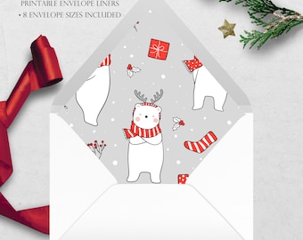 Winter Bear Printable Envelope Liner | 8 Envelope Sizes: A7, Euro Flap, Square Flap, 6.5 Square, A6, 5.75 Square, 4 Bar | Easy PDF File