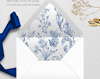 Blue Botanical Printable Envelope Liner | 8 Envelope Sizes: A7, Euro Flap, Square Flap, 6.5 Square, A6, 5.75 Square, 4 Bar | Easy PDF File