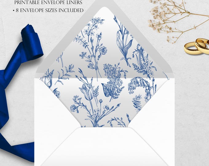 Blue Botanical Printable Envelope Liner | 8 Envelope Sizes: A7, Euro Flap, Square Flap, 6.5 Square, A6, 5.75 Square, 4 Bar | Easy PDF File