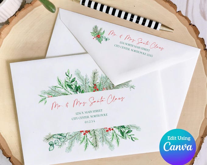 Editable Christmas Envelope Template for Canva | Christmas Holly