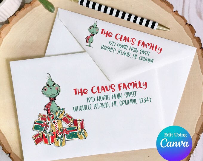 Christmas Digital Envelope Template for Canva | Grinchy Christmas