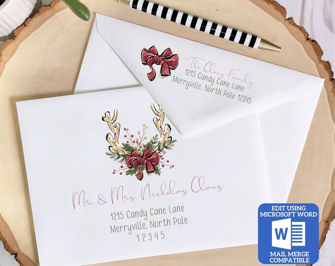 Printable Christmas Envelope Template | Palm Tree Design | Word Mail Merge Compatible | Recipient & Return Address | Editable in Word