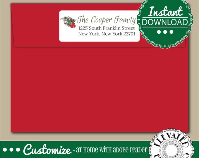 EDITABLE Return ADDRESS LABEL Template,Envelope Addressing,Christmas,Pine, branch,Return Address,Envelope Addressing,Instant Download
