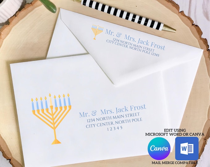 Hanukkah Digital Envelope Template for Canva | Modern Menorah