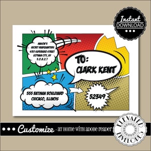 May include: A printable envelope template in a comic book style with a red, yellow, blue and green colour scheme. The envelope is addressed to "Clark Kent" with a return address of "IMASON'S SECRET HEADQUARTERS 4757 SUPERHERO STREET GOTHAM CITY, NY 5.0.8.2.7" and "555 BATMAN BOULEVARD CHICAGO, ILLINOIS". The envelope also includes the number "52349".