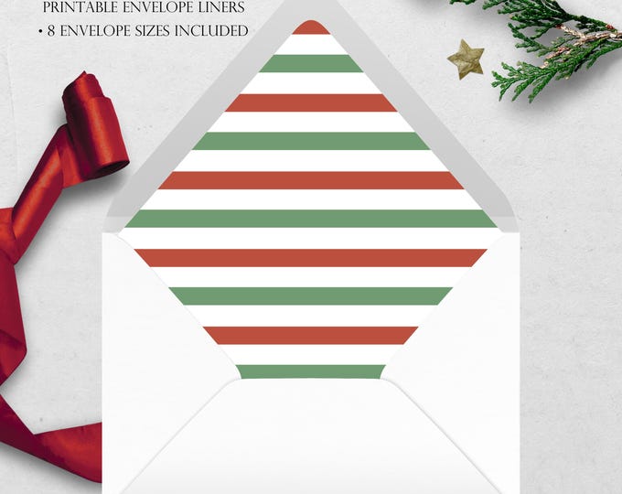 Red Green Stripe Printable Envelope Liner | 8 Envelope Sizes: A7, Euro Flap, Square Flap, 6.5 Square, A6, 5.75 Square, 4 Bar | Easy PDF File