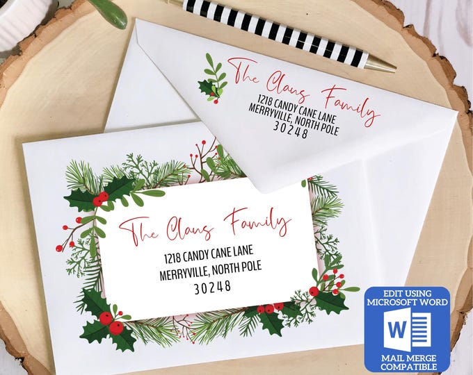 Printable Christmas Envelope Template for Microsoft Word | Mail Merge Compatible | Includes Recipient and Return Address | Works with Excel