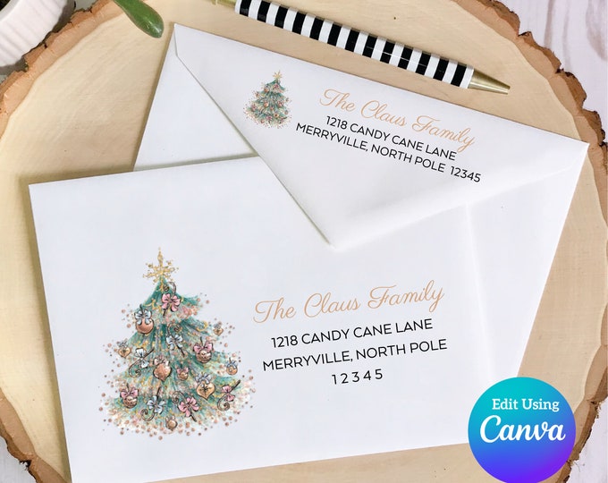 Christmas Digital Envelope Template for Canva | Glitter Christmas Tree