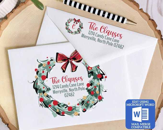 Christmas Envelope Template for Microsoft Word | Mail Merge Compatible | Includes Recipient and Return Address Templates | Works with Excel