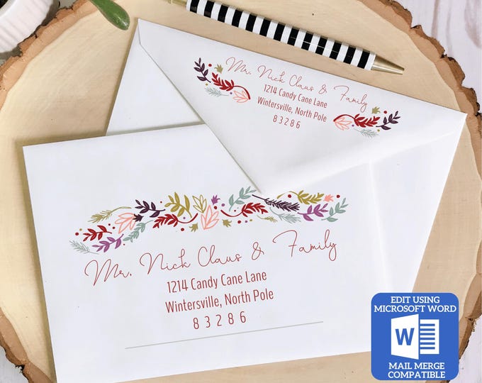 Christmas ENVELOPE TEMPLATE, Envelope ADDRESSING,Christmas,Microsoft Word,Mail Merge, Return Address,Template, Excel Spreadsheet, Merge